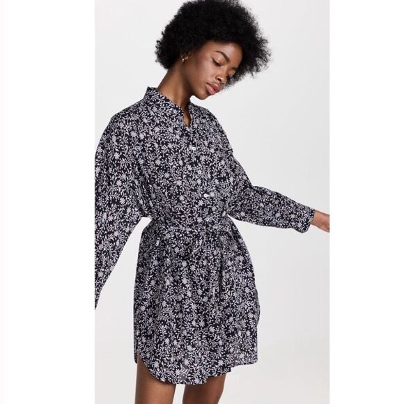 XIRENA Neve Mini Dress Blue White Floral Long Sleeve Button oversized dress XS - Picture 1 of 7